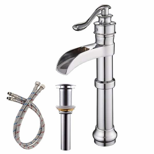 Unbranded Single Handle Bathroom Vessel Sink Faucet with Pop-Up Drain 1 Hole Waterfall High Tall Bathroom Taps in Polished Chrome