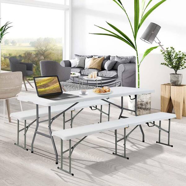 Sudzendf White Metal Portable Folding Outdoor Picnic Table with