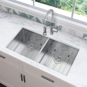 All-in-One Zero Radius Undermount 16G Stainless Steel 36 in. 50/50 Double Bowl Kitchen Sink with Spring Neck Faucet