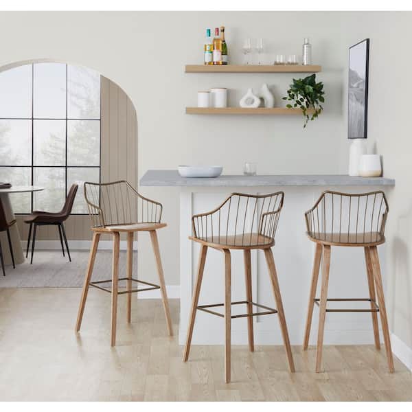 Winston 29.5 in. Whitewashed Wood and Antique Copper Metal Fixed-Height Barstool