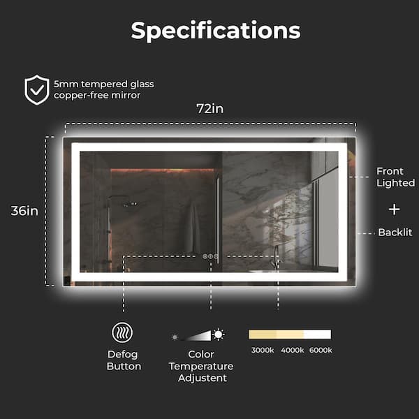77 in. W x 36 in. H Rectangular Frameless Anti-Fog LED Light Wall Bathroom Vanity Mirror