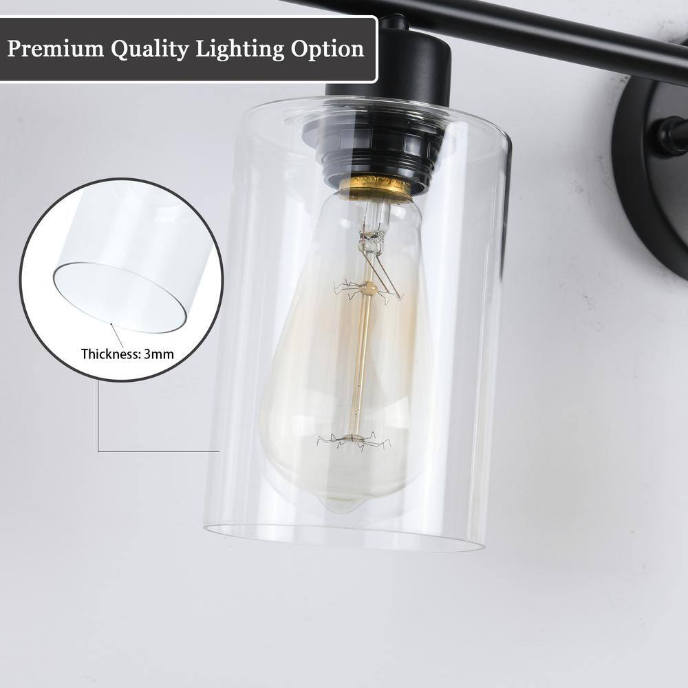 Black Metal 3-Light Vanity with Clear Glass Shades