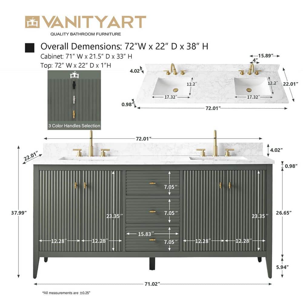 72'' Linear Vintage Green Double Sink Freestanding Bathroom Vanity with Engineered Marble Top