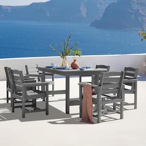 HDPE 7-Piece Plastic Rectangle Standard Height Outdoor Dining Set in Gray