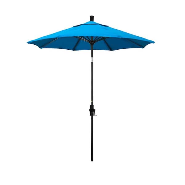 California Umbrella 7.5 ft. Matted Black Aluminum Market Patio Umbrella Fiberglass Ribs and Collar Tilt in Canvas Cyan Sunbrella