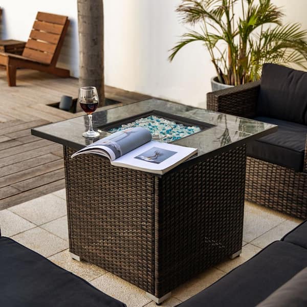 Tenleaf 30 in. Dark Brown Square Wicker Propane Fire Pit Table with Lid, Glass Stones and Rain Cover, Ceramic Tile Tabletop