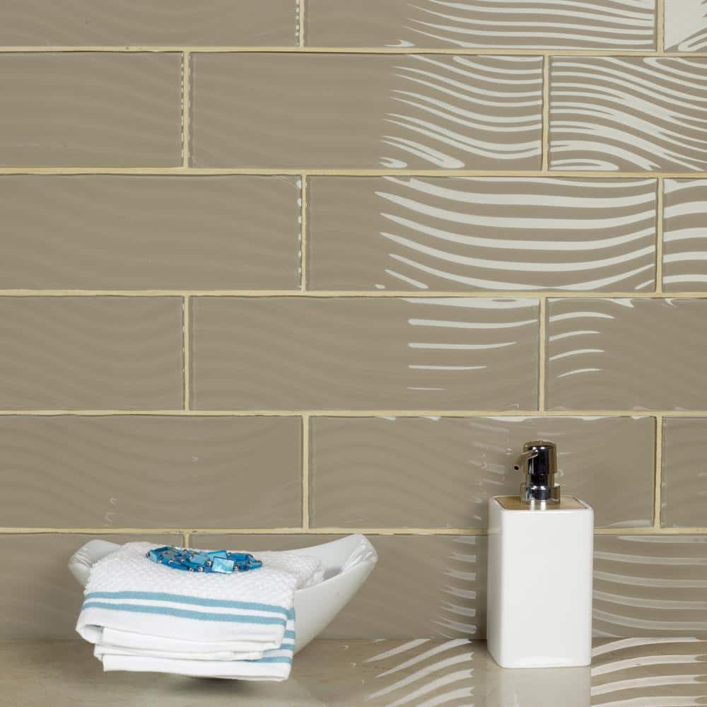 Beige Glossy Textured Glass Subway Wall Tile 4x12