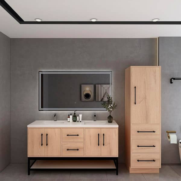 BV Better Vanity Victoria 59 in. W x 20 in. D x 35 in. H Double Sink Freestanding Frame Bath Vanity in Red Oak with White Acrylic Top