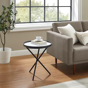 17.75 in. Black Metal/Faux White Faux Marble Minimalist Intersecting Tripod-Leg Side Table