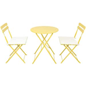Yellow 3-Piece Metal Round Bar Height Patio Outdoor Bistro Balcony Metail Chair Table Set with Beige Cushions