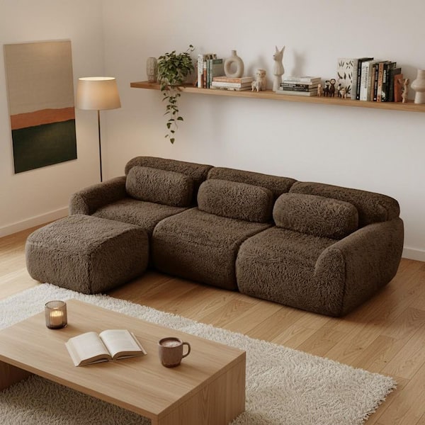 114.7 in. 4-Seat Plush Microfiber L-Shaped Modular Sectional Sofa with Ottoman and Deep Cushions in Mink Brown