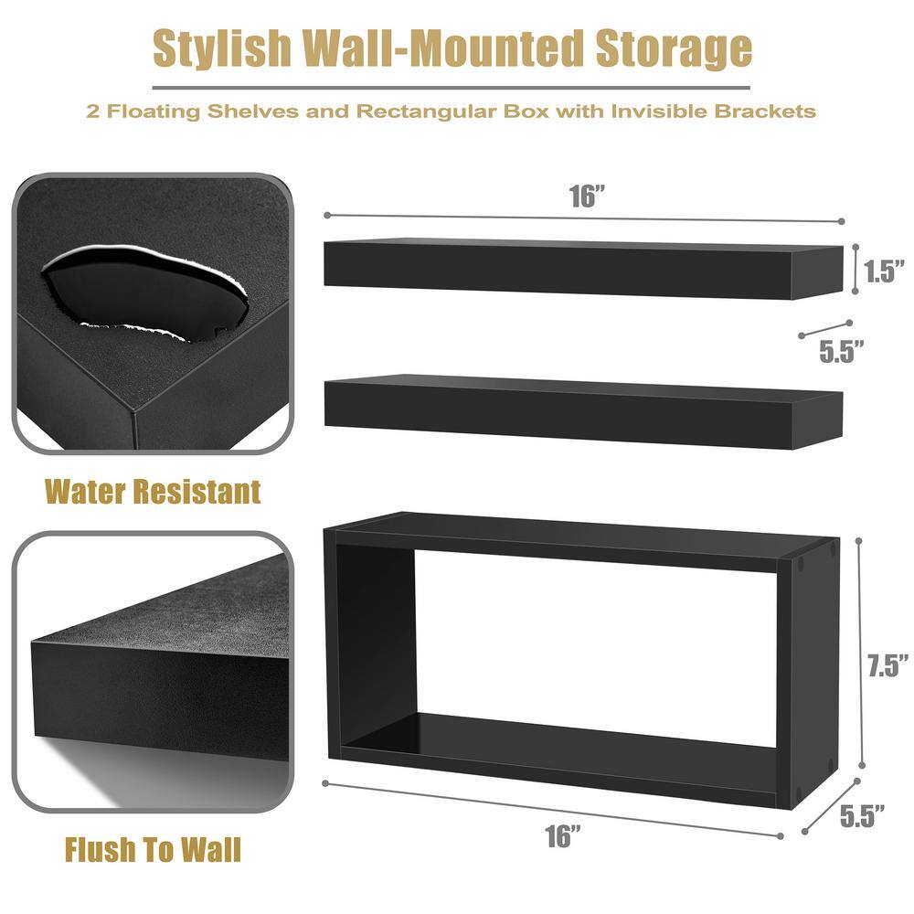 Black Wood Floating Wall Shelves Set for Living Room and Bathroom
