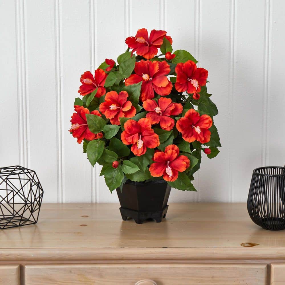 23" Silk Hibiscus in Black Hexagon Vase for Outdoor Tabletop