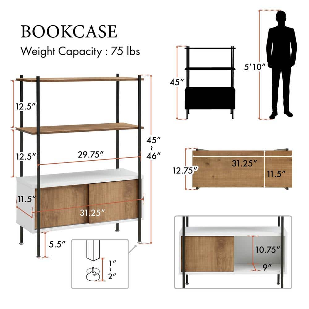 White and Oak Adjustable 3-Shelf Bookcase with Sliding Doors