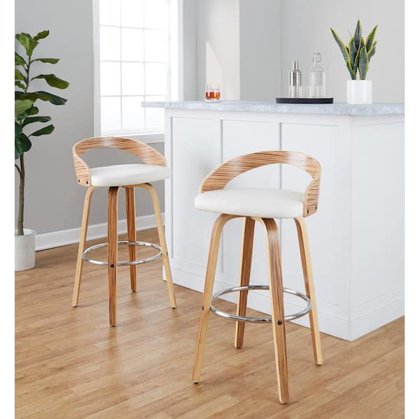 Lumisource Grotto 29.5 in. White Faux Leather, Zebra Wood and Chrome Metal Fixed-Height Bar Stool (Set of 2)