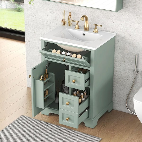 24 in. Freestanding Green Solid Wood Frame Bath Vanity with White Ceramic Top, Soft-Close Door and Drawers