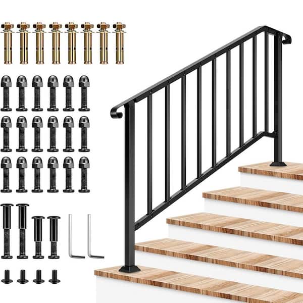 5-Step 36 in. H x 69 in. W Black Wrought Mattle Iron Stair Railing Kit with Curved Ends and Balusters