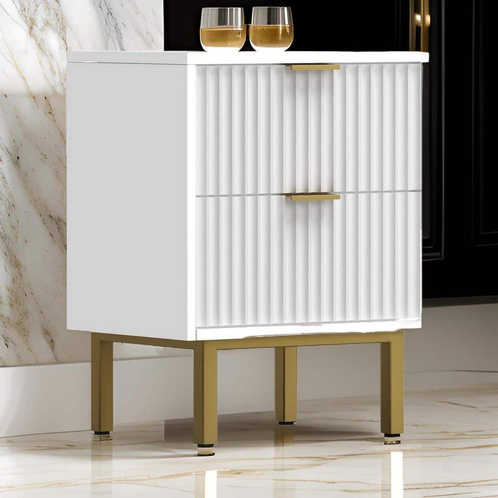 White/Gold 2 Drawer 20 in. W Nightstand with Sturdy Hardware and Ample Storage