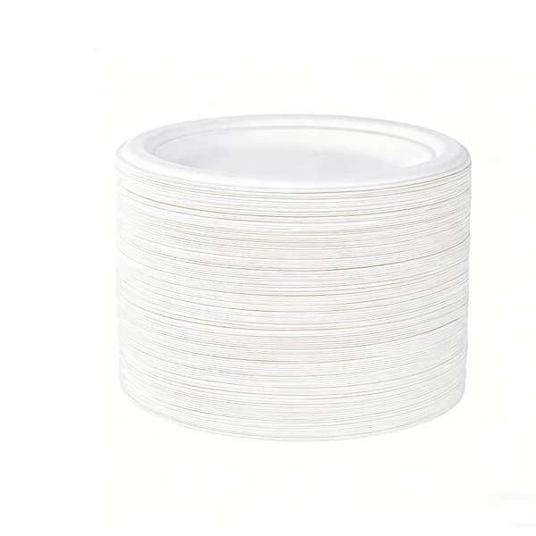 150-Pack 10 in. Heavy Duty Paper Plates, White Disposable Sugarcane Bagasse Tableware Plates for Thanksgiving Party