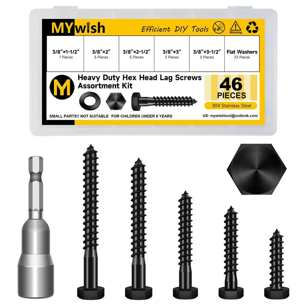 "3/8"" Hex Head Lag Screw Kit (46-Pcs), 304 Stainless Steel with Washers for Deck & Outdoor Wood Construction" price history on PriceWatchPro