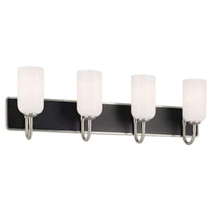 Solia 32 in. 4-Light Brushed Nickel with Black Modern Bathroom Vanity Light with Opal Glass Shades