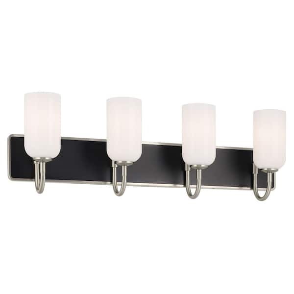 KICHLER Solia 32 in. 4-Light Brushed Nickel with Black Modern Bathroom Vanity Light with Opal Glass Shades