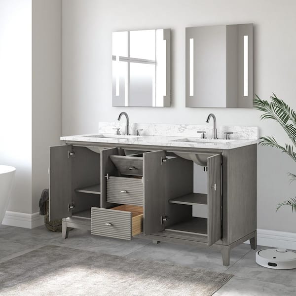 60 in. W Double Sink Freestanding Driftwood Gray Bath Vanity Cabinet with Arabescato White Engineered Marble Top