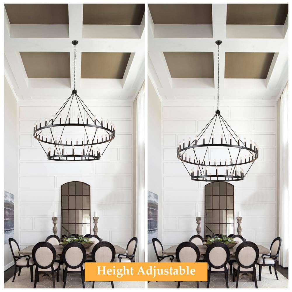 60-Inch Matte Black 2-Tier Wagon Wheel Chandelier with 54 Candle Lights