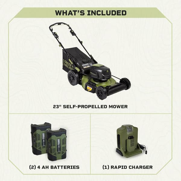 Green Machine 62V Brushless 22 in. Electric Cordless Battery Self- Propelled Lawn Mower with 2 4.0 Ah Batteries and Charger