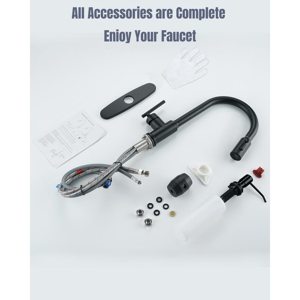 Matte Black Stainless Steel Pull-Down Kitchen Faucet with Soap Dispenser