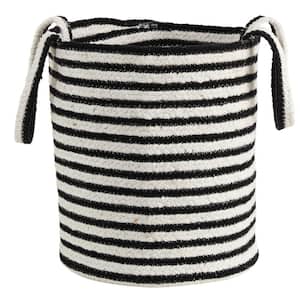 13 in. Black and White Stripe Natural Cotton Boho Chic Basket Planter, Handwoven with Handles