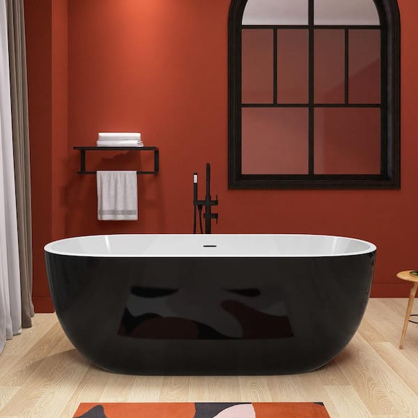 55 in. x 29.5 in. Acrylic Freestanding Soaking Bathtub Oval Flatbottom Tub with Center Drain Free Standing Tub in Black