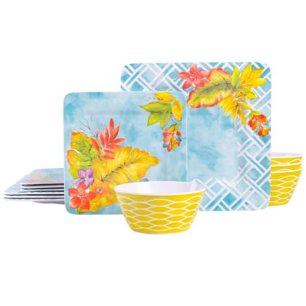 Tropicalla 12 Piece Service For 4 Square Melamine Dinnerware Set