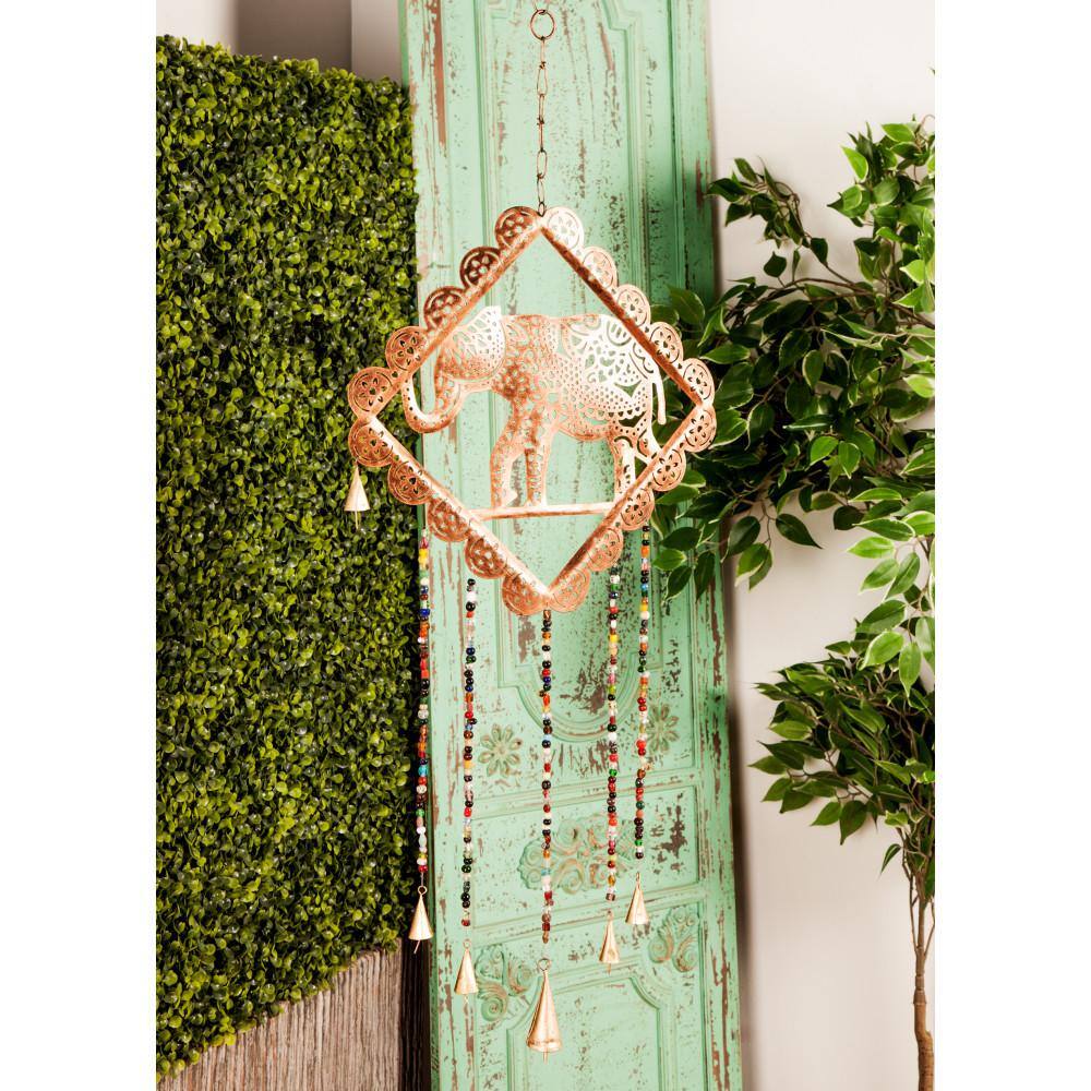 Gold Metal Elephant Windchime with Glass Beads and Bells