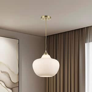 1-Light Gold Hanging Pendant Light Fixture with White Ribbed Glass Shade