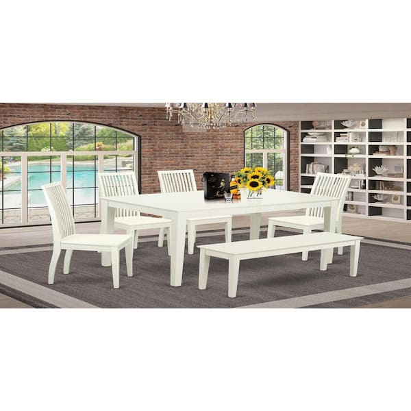East West Furniture 6-Piece Rectangle Linen White Finish Solid Wood Top Dining Table with 1 Bench, 4 Chairs with Lattice Back