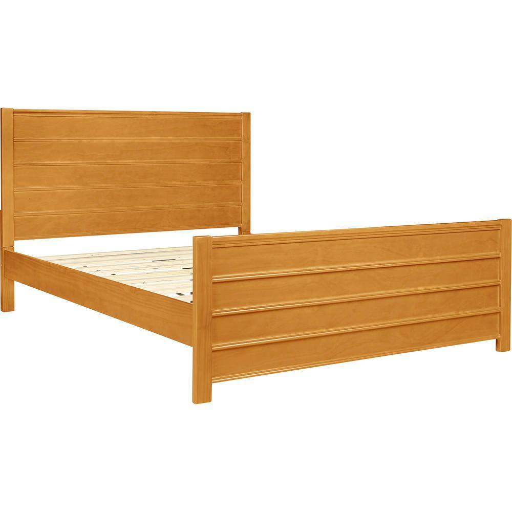 Caroline Pine Queen Platform Bed with Drawer and Slatted Headboard, Oak