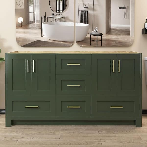 60 in. W x 21.5 in. D x 33.5 in. H Solid Wood Double Sink Bath Vanity Cabinet without Top Freestanding Base in Green