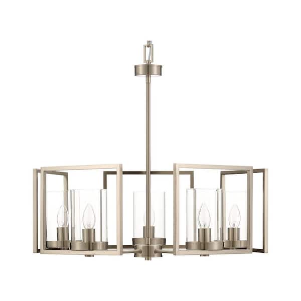 Merra 5-Light Nickel Geometric Chandelier with Glass Shades and Wide Metal Frame