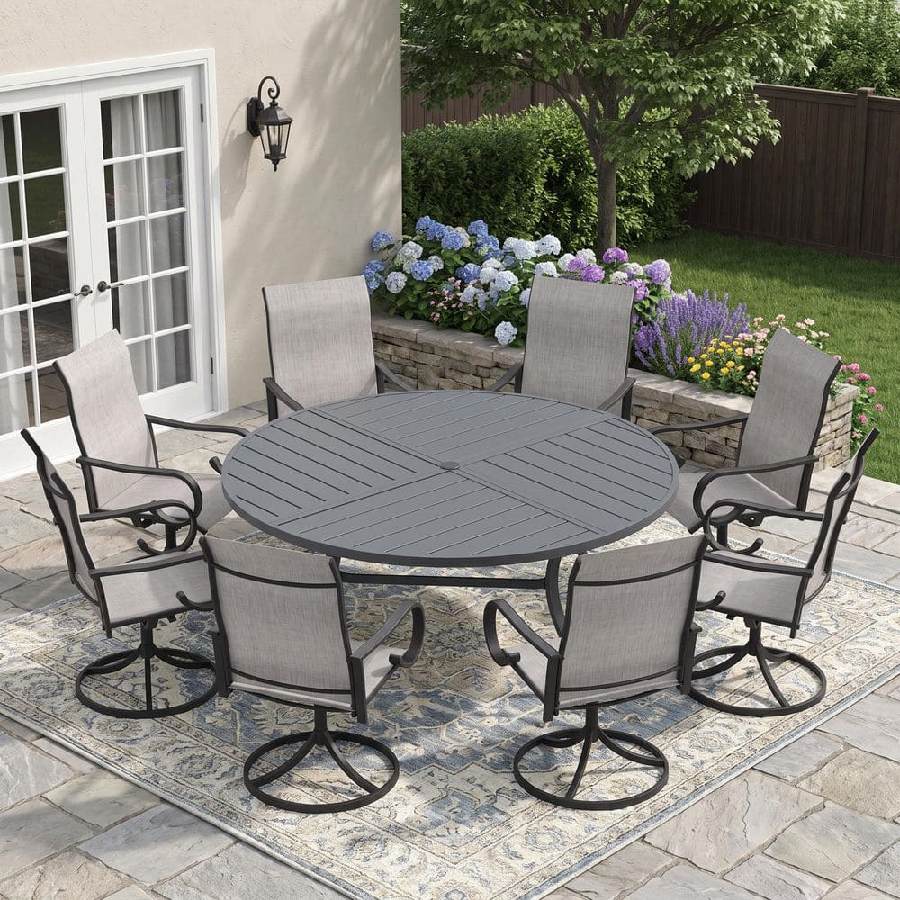 9-Piece Metal Outdoor Dining Set with 63 in. Gray Round Table and 8 Textilene Swivel Dining Chairs with Gray Fabric price history on PriceWatchPro