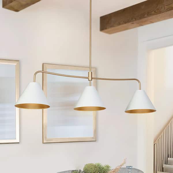 Mid-century Modern 44.9 in. W 3-Lights Linear Island Lamps with White Shade, Dark Gold Pendant Lights for Kitchen Island