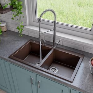 Drop-In Granite Composite 33.88 in. 1-Hole 50/50 Double Bowl Kitchen Sink in Chocolate