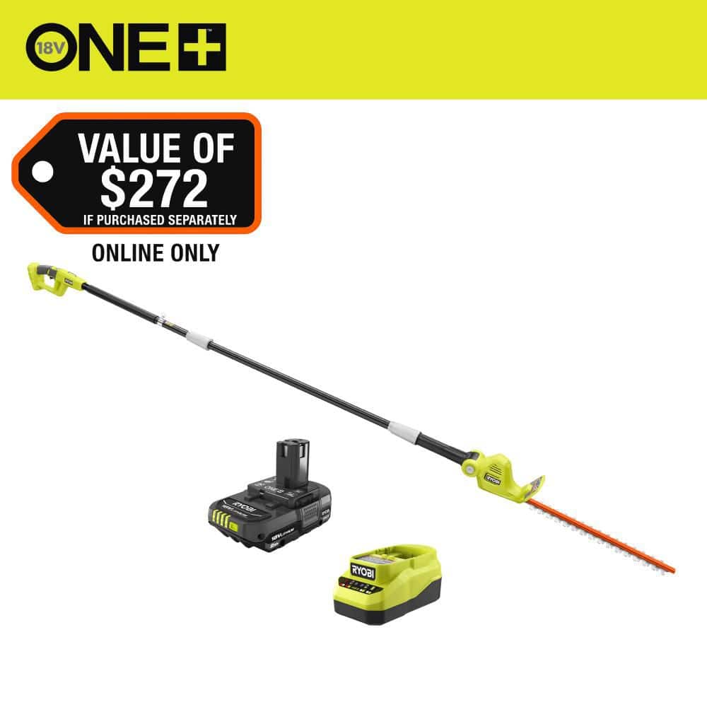 RYOBI ONE+ 18V 18 in. Cordless Battery Pole Hedge Trimmer with 2.0 Ah Battery and Charger (P26100)