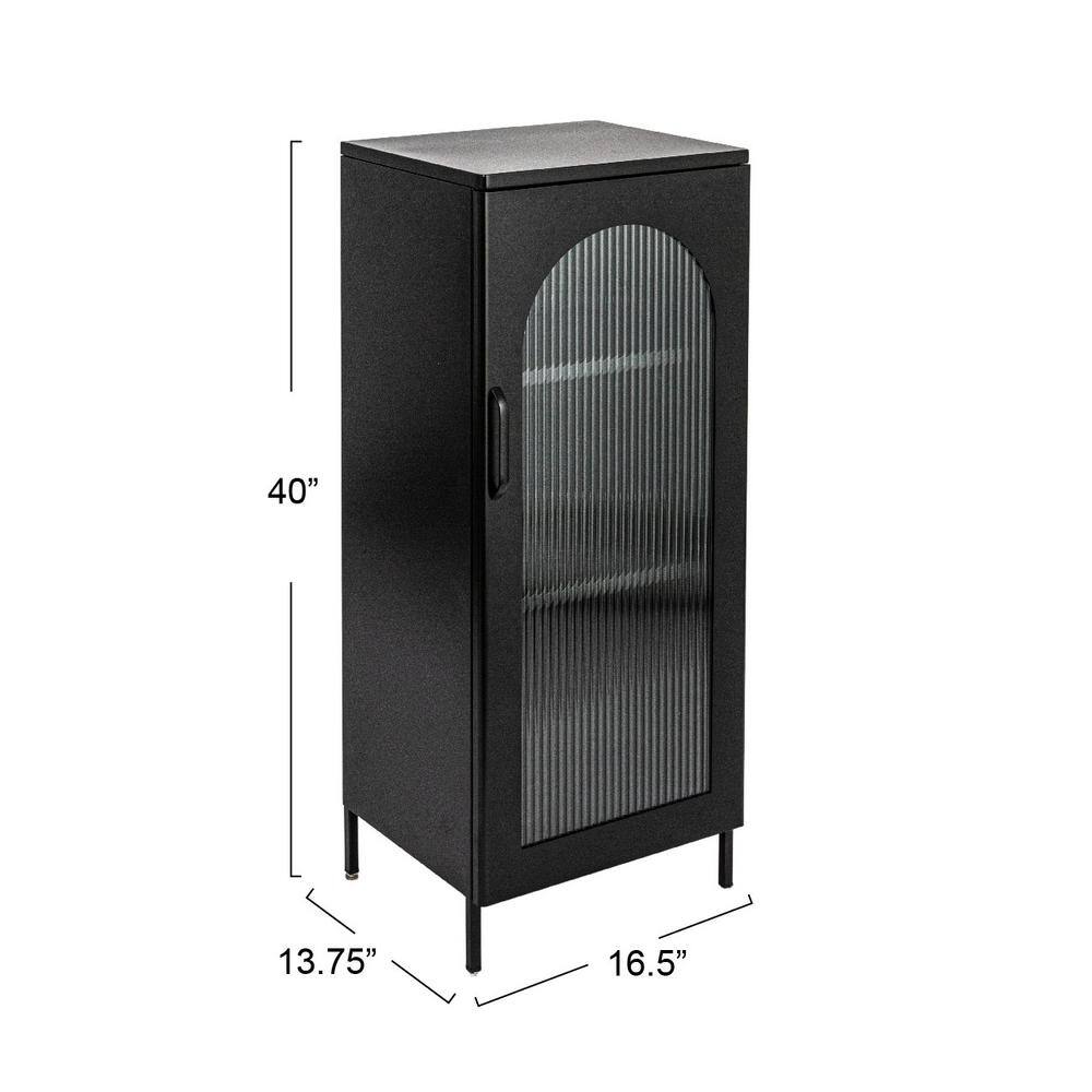 Matte Black Narrow Metal Accent Cabinet with Adjustable Shelves and Arched Glass Door