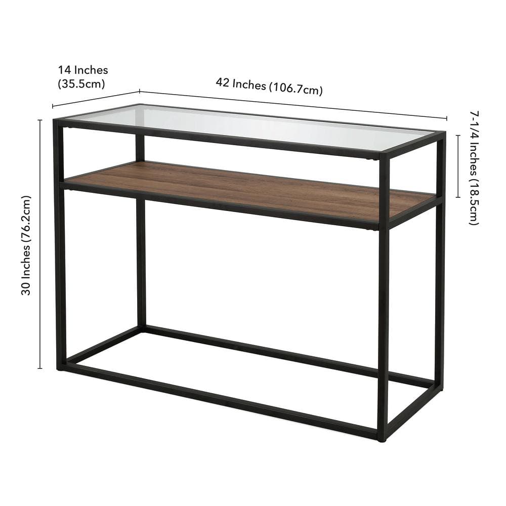 Addison Blackened Bronze 42" Glass Top Console Table with Oak Shelf