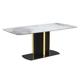 Sylva Modern Medium Grey Sintered Stone 55 in. Tabletop with Gold Pedestal Dining Table 6 Seater
