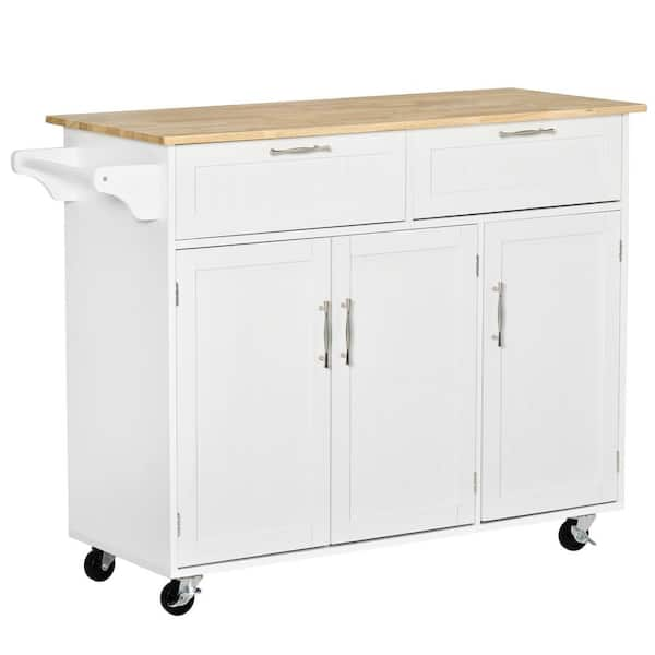 White Wood 47.75 in. Kitchen Island with Wood Top, Storage Drawers, 3 ...