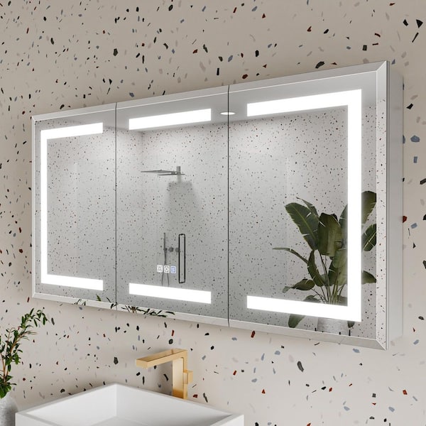 48 in. W x 24 in. H Rectangular Silver Aluminum Beveled Edge Dimmable Medicine Cabinet with Mirror Defogger