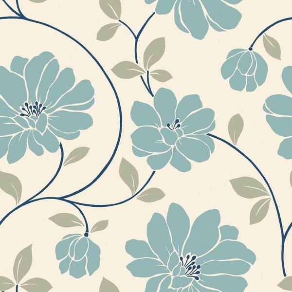The Wallpaper Company 56 sq. ft. Blue and Cream Large Scale Retro Floral Trail Wallpaper