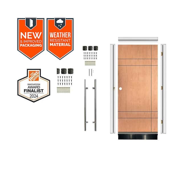 DIY Faux Pivot 36 in. x 79 in. Right-Hand 10-Grid Teak Stain Fiberglass Front Door Kit w/ Quick Assemble Jamb